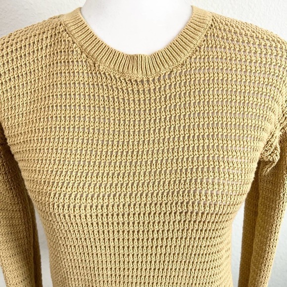 Hem & Thread Mustard Yellow Open Knit Cotton Long Sleeve Sweater Women's Small - Picture 2 of 8